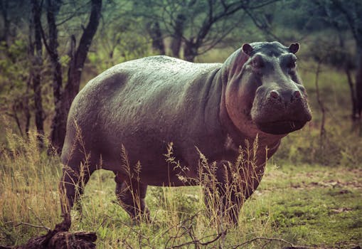 Close-up of a large hippopotamus in an African savanna capturing its natural habitat.
